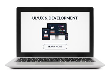 UI/UX design and development concept on laptop computer screen. Isolated on white background. All screen content is designed by me.